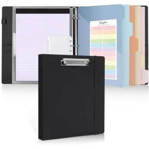 SKYDUE 3 Ring Binder with Clipboard, 2 Inch Binder, PU Clipboard Binder with Notepad & 5 Dividers with 5 Pockets, Labels, Clipboard Folder Great for School Office(Fit Letter Sized Paper)(Black)
