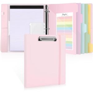 SKYDUE 3 Ring Binder with Clipboard, 2 Inch Binder, PU Clipboard Binder with Notepad & 5 Dividers with 5 Pockets, Labels, Clipboard Folder Great for School Office(Fit Letter Sized Paper)(Pink)