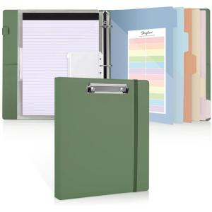 SKYDUE 3 Ring Binder with Clipboard, 2 Inch Binder, PU Clipboard Binder with Notepad & 5 Dividers with 5 Pockets, Labels, Clipboard Folder Great for School Office(Fit Letter Sized Paper)(Olivegreen)