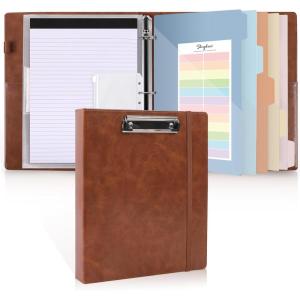 SKYDUE 3 Ring Binder with Clipboard, 2 Inch Binder, PU Clipboard Binder with Notepad & 5 Dividers with 5 Pockets, Labels, Clipboard Folder Great for School Office(Fit Letter Sized Paper)(Brown)