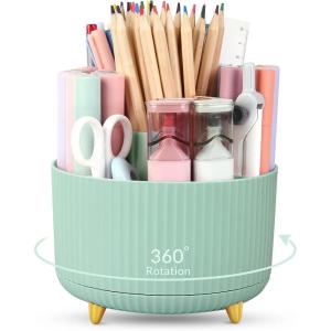 SKYDUE 360 Degree Rotating Desk Organizer, Dual-Purpose Pencil Pen Holder for Desktop, Rotating Desk Pen Organizer with 5 Slots, Pencil Cup for School, Home, Office Supplies (Bean Green)(Bean Green)