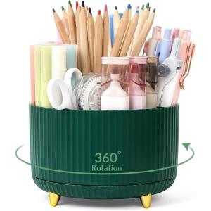 SKYDUE 360 Degree Rotating Desk Organizer, Dual-Purpose Pencil Pen Holder for Desktop, Rotating Desk Pen Organizer with 5 Slots, Pencil Cup for School, Home, Office Supplies (Bean Green)(DarkGreen)