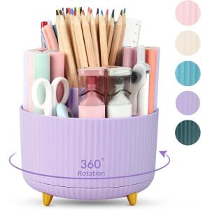 SKYDUE 360 Degree Rotating Desk Organizer, Dual-Purpose Pencil Pen Holder for Desktop, Rotating Desk Pen Organizer with 5 Slots, Pencil Cup for School, Home, Office Supplies (Bean Green)(Purple)