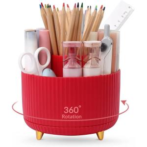 SKYDUE 360 Degree Rotating Desk Organizer, Dual-Purpose Pencil Pen Holder for Desktop, Rotating Desk Pen Organizer with 5 Slots, Pencil Cup for School, Home, Office Supplies (Bean Green)(Red)