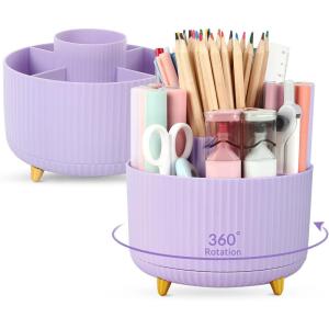 SKYDUE 360 Degree Rotating Desk Organizer, Dual-Purpose Pencil Pen Holder for Desktop, Rotating Desk Pen Organizer with 5 Slots, Pencil Cup for School, Home, Office Supplies (Bean Green)(Purple_2Pack)