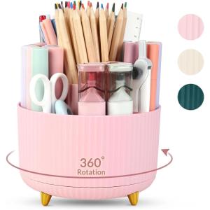 SKYDUE 360 Degree Rotating Desk Organizer, Dual-Purpose Pencil Pen Holder for Desktop, Rotating Desk Pen Organizer with 5 Slots, Pencil Cup for School, Home, Office Supplies (Bean Green)(Pink)