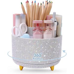 SKYDUE 360 Degree Rotating Desk Organizer, Dual-Purpose Pencil Pen Holder for Desktop, Rotating Desk Pen Organizer with 5 Slots, Pencil Cup for School, Home, Office Supplies (Bean Green)(Crystal White)