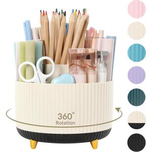SKYDUE 360 Degree Rotating Desk Organizer, Dual-Purpose Pencil Pen Holder for Desktop, Rotating Desk Pen Organizer with 5 Slots, Pencil Cup for School, Home, Office Supplies (Bean Green)(BeigeBlack)