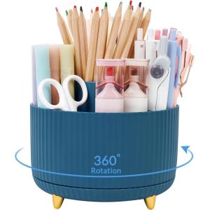 SKYDUE 360 Degree Rotating Desk Organizer, Dual-Purpose Pencil Pen Holder for Desktop, Rotating Desk Pen Organizer with 5 Slots, Pencil Cup for School, Home, Office Supplies (Bean Green)(Dark Blue)