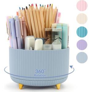 SKYDUE 360 Degree Rotating Desk Organizer, Dual-Purpose Pencil Pen Holder for Desktop, Rotating Desk Pen Organizer with 5 Slots, Pencil Cup for School, Home, Office Supplies (Bean Green)(Airy Blue)