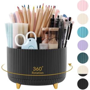 SKYDUE 360 Degree Rotating Desk Organizer, Dual-Purpose Pencil Pen Holder for Desktop, Rotating Desk Pen Organizer with 5 Slots, Pencil Cup for School, Home, Office Supplies (Bean Green)(Black)