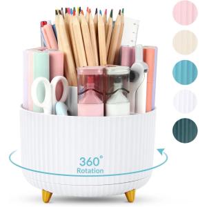 SKYDUE 360 Degree Rotating Desk Organizer, Dual-Purpose Pencil Pen Holder for Desktop, Rotating Desk Pen Organizer with 5 Slots, Pencil Cup for School, Home, Office Supplies (Bean Green)(Pure white)