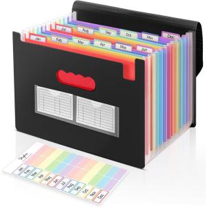 SKYDUE Accordion File Organizer, 13 Pocket Document Organizer, Expanding File Folder with Labels for Letter A4 Size, Office School Filing Use Green(Black-red)