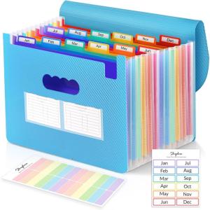 SKYDUE Accordion File Organizer, 13 Pocket Document Organizer, Expanding File Folder with Labels for Letter A4 Size, Office School Filing Use Green(Blue)