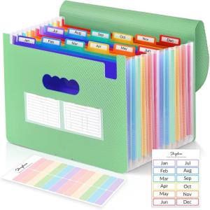 SKYDUE Accordion File Organizer, 13 Pocket Document Organizer, Expanding File Folder with Labels for Letter A4 Size, Office School Filing Use Green(Green)