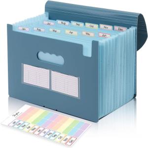 SKYDUE Accordion File Organizer, 13 Pocket Document Organizer, Expanding File Folder with Labels for Letter A4 Size, Office School Filing Use Green(Haze Blue)