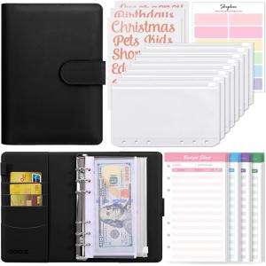 SKYDUE Budget Binder with 8pcs Zipper Envelopes,Money Organizer for Cash with 12pcs Expense Sheets & 24 Rose Gold Sticky Labels(Black)