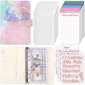 SKYDUE Budget Binder with 8pcs Zipper Envelopes,Money Organizer for Cash with 12pcs Expense Sheets & 24 Rose Gold Sticky Labels(Mabblepink)