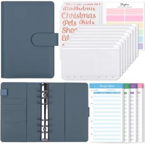 SKYDUE Budget Binder with 8pcs Zipper Envelopes,Money Organizer for Cash with 12pcs Expense Sheets & 24 Rose Gold Sticky Labels(Mystic Blue)