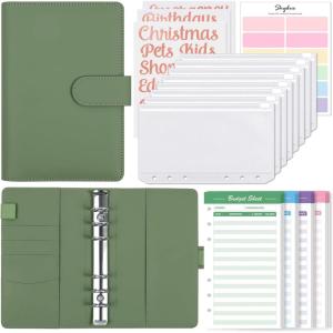 SKYDUE Budget Binder with 8pcs Zipper Envelopes,Money Organizer for Cash with 12pcs Expense Sheets & 24 Rose Gold Sticky Labels(Olive Green)