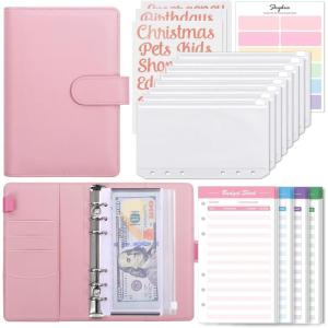 SKYDUE Budget Binder with 8pcs Zipper Envelopes,Money Organizer for Cash with 12pcs Expense Sheets & 24 Rose Gold Sticky Labels(Pink)