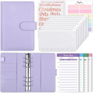 SKYDUE Budget Binder with 8pcs Zipper Envelopes,Money Organizer for Cash with 12pcs Expense Sheets & 24 Rose Gold Sticky Labels(Purple)