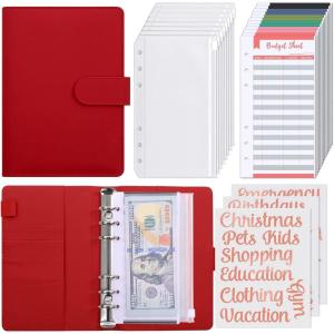 SKYDUE Budget Binder with 8pcs Zipper Envelopes,Money Organizer for Cash with 12pcs Expense Sheets & 24 Rose Gold Sticky Labels(Winered)