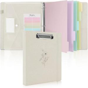 SKYDUE Clipboard Binder with Dividers,1 Inch Linen 3 Ring Binder with Clipboard on Front for Organizer, Clipboard Folder with Pocket, Labels Office Supplies OliveGreen(Beige)