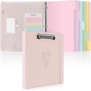 SKYDUE Clipboard Binder with Dividers,1 Inch Linen 3 Ring Binder with Clipboard on Front for Organizer, Clipboard Folder with Pocket, Labels Office Supplies OliveGreen(Pink)