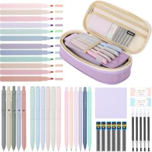 SKYDUE Cute School Supplies 44 PCS, Aesthetic Pencil Case with 12 Pastel Highlighters, 5 Black Gel Pens, 6 Color Gel Pens & Mechanical Pencils, College Essentials Students Stationary Set Green(Purple)