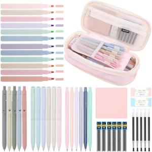 SKYDUE Cute School Supplies 44 PCS, Aesthetic Pencil Case with 12 Pastel Highlighters, 5 Black Gel Pens, 6 Color Gel Pens & Mechanical Pencils, College Essentials Students Stationary Set Green(Pink)