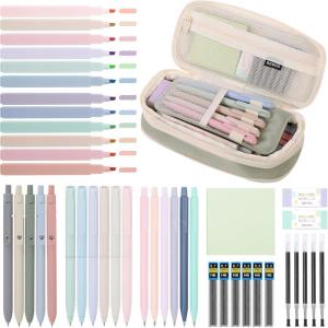 SKYDUE Cute School Supplies 44 PCS, Aesthetic Pencil Case with 12 Pastel Highlighters, 5 Black Gel Pens, 6 Color Gel Pens & Mechanical Pencils, College Essentials Students Stationary Set Green(Green)