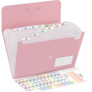 SKYDUE Expanding File Folder, Accordion File Organizer with 13 Pockets for A4/Letter Sized Paper, Accordion Folder with Labels – Document Receipt Organizer for Office, School, Home(Pink)