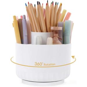 SKYDUE 360 Degree Rotating Pencil Pen Holder for Desk, Dual-Purpose Desk Organizer, Rotating Pencil Cup with 5 Slots, Office Supplies, Desk Decor for Office, School, Home(Pure White)
