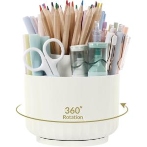 SKYDUE 360 Degree Rotating Pencil Pen Holder for Desk, Dual-Purpose Desk Organizer, Rotating Pencil Cup with 5 Slots, Office Supplies, Desk Decor for Office, School, Home(Cream)