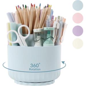 SKYDUE 360 Degree Rotating Pencil Pen Holder for Desk, Dual-Purpose Desk Organizer, Rotating Pencil Cup with 5 Slots, Office Supplies, Desk Decor for Office, School, Home(Blue)