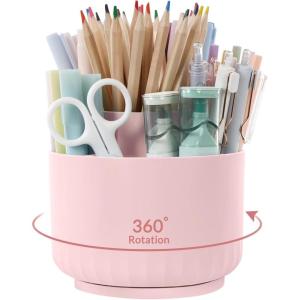 SKYDUE 360 Degree Rotating Pencil Pen Holder for Desk, Dual-Purpose Desk Organizer, Rotating Pencil Cup with 5 Slots, Office Supplies, Desk Decor for Office, School, Home(Pink)