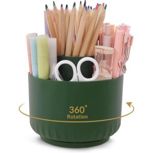 SKYDUE 360 Degree Rotating Pencil Pen Holder for Desk, Dual-Purpose Desk Organizer, Rotating Pencil Cup with 5 Slots, Office Supplies, Desk Decor for Office, School, Home(DarkGreen)