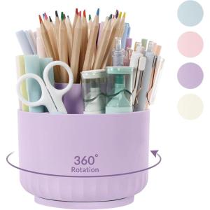 SKYDUE 360 Degree Rotating Pencil Pen Holder for Desk, Dual-Purpose Desk Organizer, Rotating Pencil Cup with 5 Slots, Office Supplies, Desk Decor for Office, School, Home(Purple)