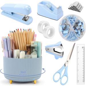 SKYDUE Black Office Supplies, Black Office Desk Accessories 10PCS, Pencil Holder for Desk, Stapler, Tape Dispenser, Scissors, Ruler, Clips and 1000pcs Staples, Desk Supplies Set(Blue)
