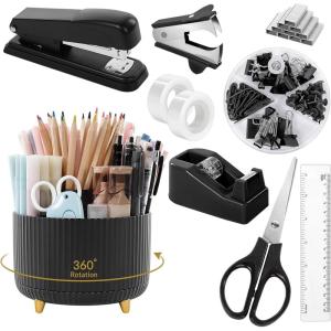 SKYDUE Black Office Supplies, Black Office Desk Accessories 10PCS, Pencil Holder for Desk, Stapler, Tape Dispenser, Scissors, Ruler, Clips and 1000pcs Staples, Desk Supplies Set(Black)