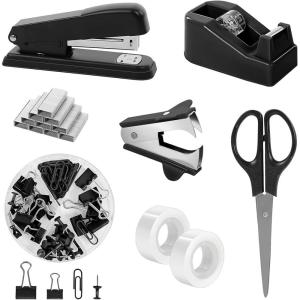SKYDUE Black Office Supplies Set, Black Desk Accessories, Stapler, Tape Dispenser, Scissors, Binder/Paper Clips and 1000pcs Staples, Desk Supplies Set(Black)
