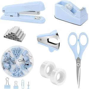 SKYDUE Black Office Supplies Set, Black Desk Accessories, Stapler, Tape Dispenser, Scissors, Binder/Paper Clips and 1000pcs Staples, Desk Supplies Set(Blue)