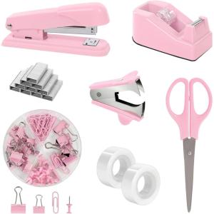 SKYDUE Black Office Supplies Set, Black Desk Accessories, Stapler, Tape Dispenser, Scissors, Binder/Paper Clips and 1000pcs Staples, Desk Supplies Set(Pink)