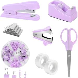SKYDUE Black Office Supplies Set, Black Desk Accessories, Stapler, Tape Dispenser, Scissors, Binder/Paper Clips and 1000pcs Staples, Desk Supplies Set(Purple)