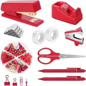 SKYDUE Black Office Supplies Set, Black Desk Accessories, Stapler, Tape Dispenser, Scissors, Binder/Paper Clips and 1000pcs Staples, Desk Supplies Set(Red)